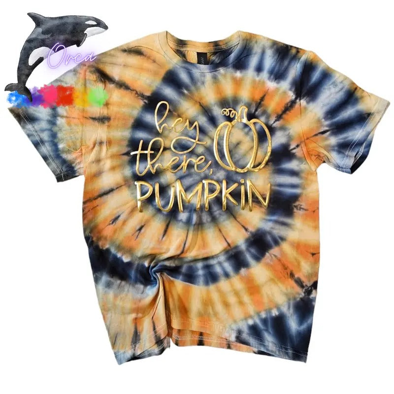 Orca ~ HI THERE PUMPKIN Metallic Gold Puff on Spiral Tie Dye T-shirts ~ Comfort Colors ~ Fall Women Shirts  Womenswear...