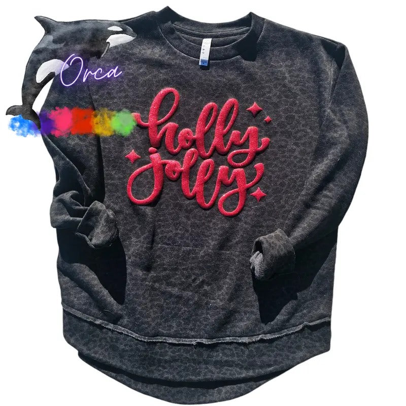 Orca ~ HOLLY JOLLY Red Glitter Puff Women Sweatshirts ~ Small
