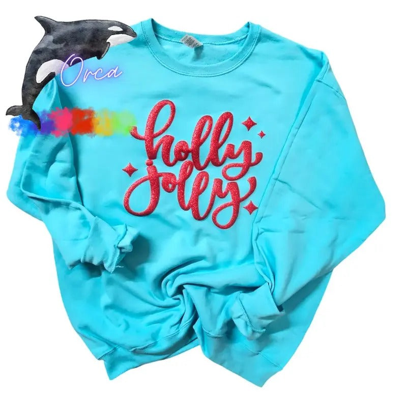 Orca ~ HOLLY JOLLY Unisex Sweatshirts with Red Puff Glitter ~ Small
