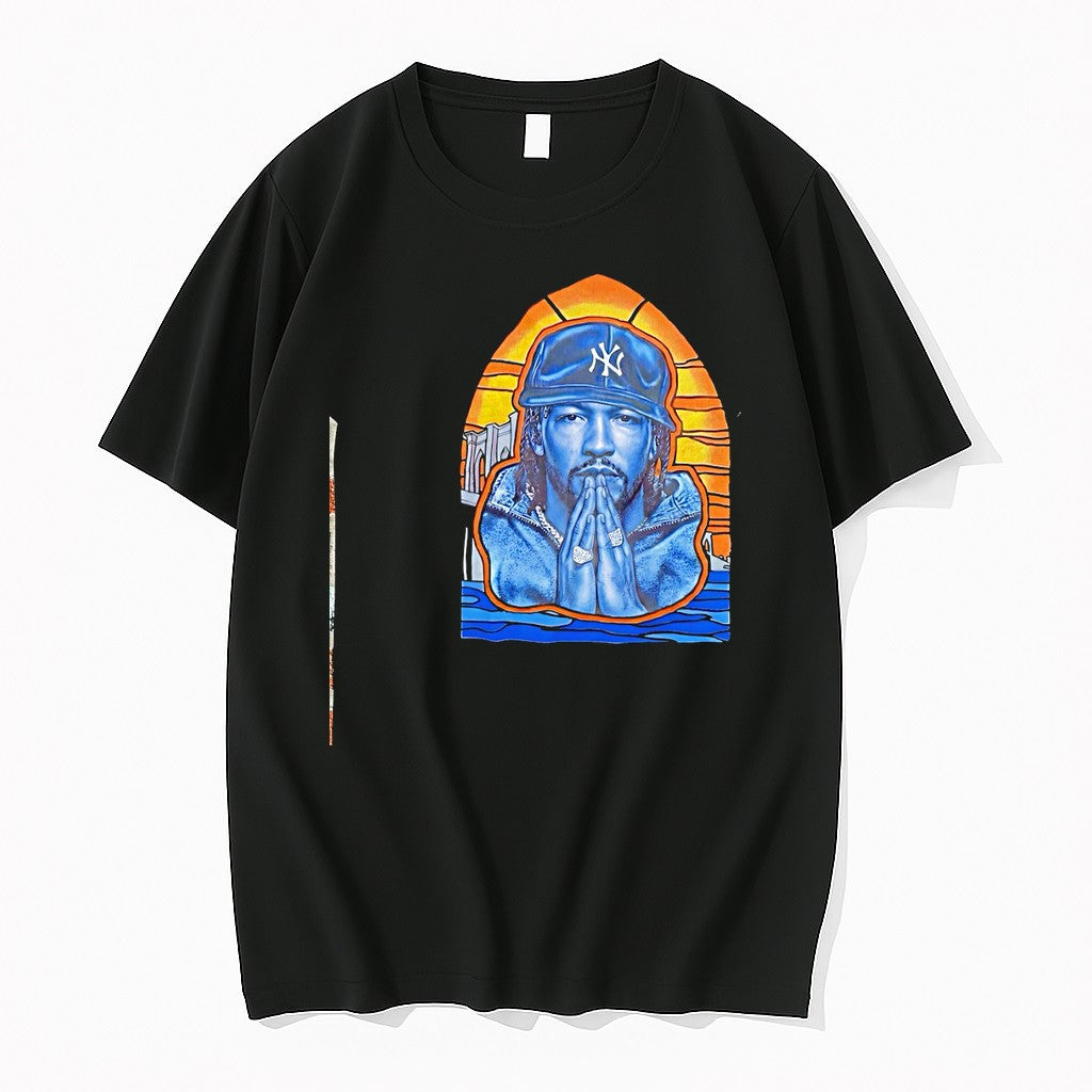 Original Artist Portrait Brooklyn Bridge New York Yankees Logo Praying Hands Blue Tshirts