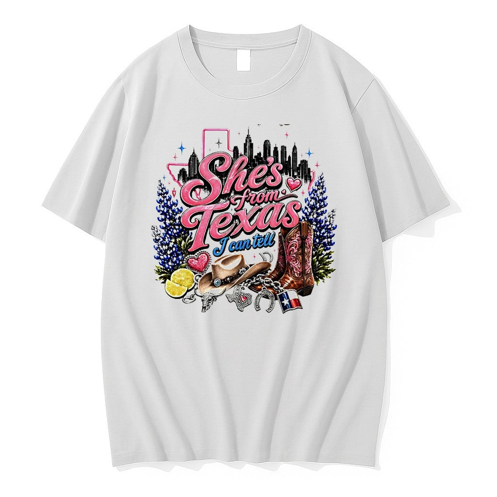 Original Bluebonnet Cowboy Hat Texas Skyline Shes From Texas I Can Tell Text Tshirts