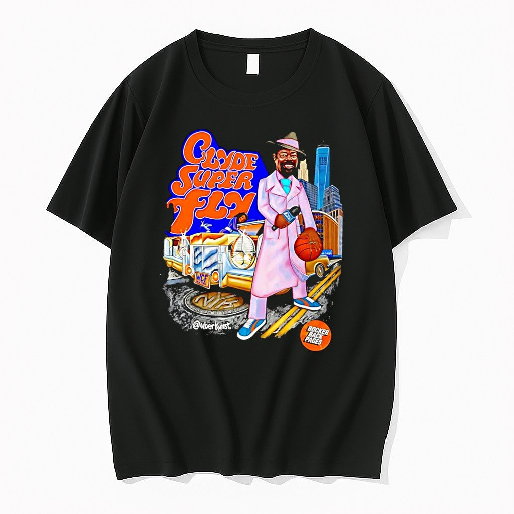 Original Bocker Back Pages Clyde Super Fly Basketball New York Knicks Black Tshirts