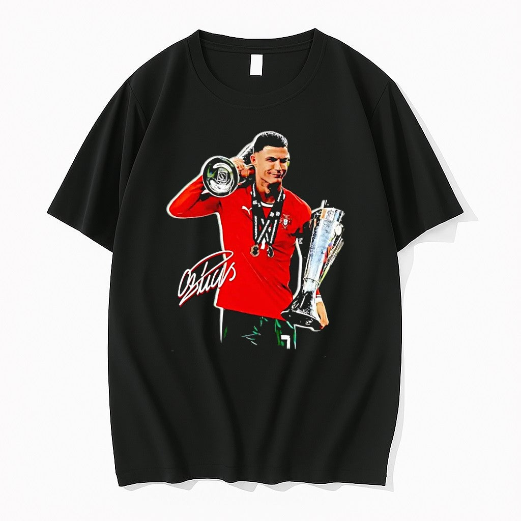 Original Cr7 Cristiano Ronaldo Celebrating With Uefa Nations League Trophy Black Tshirts