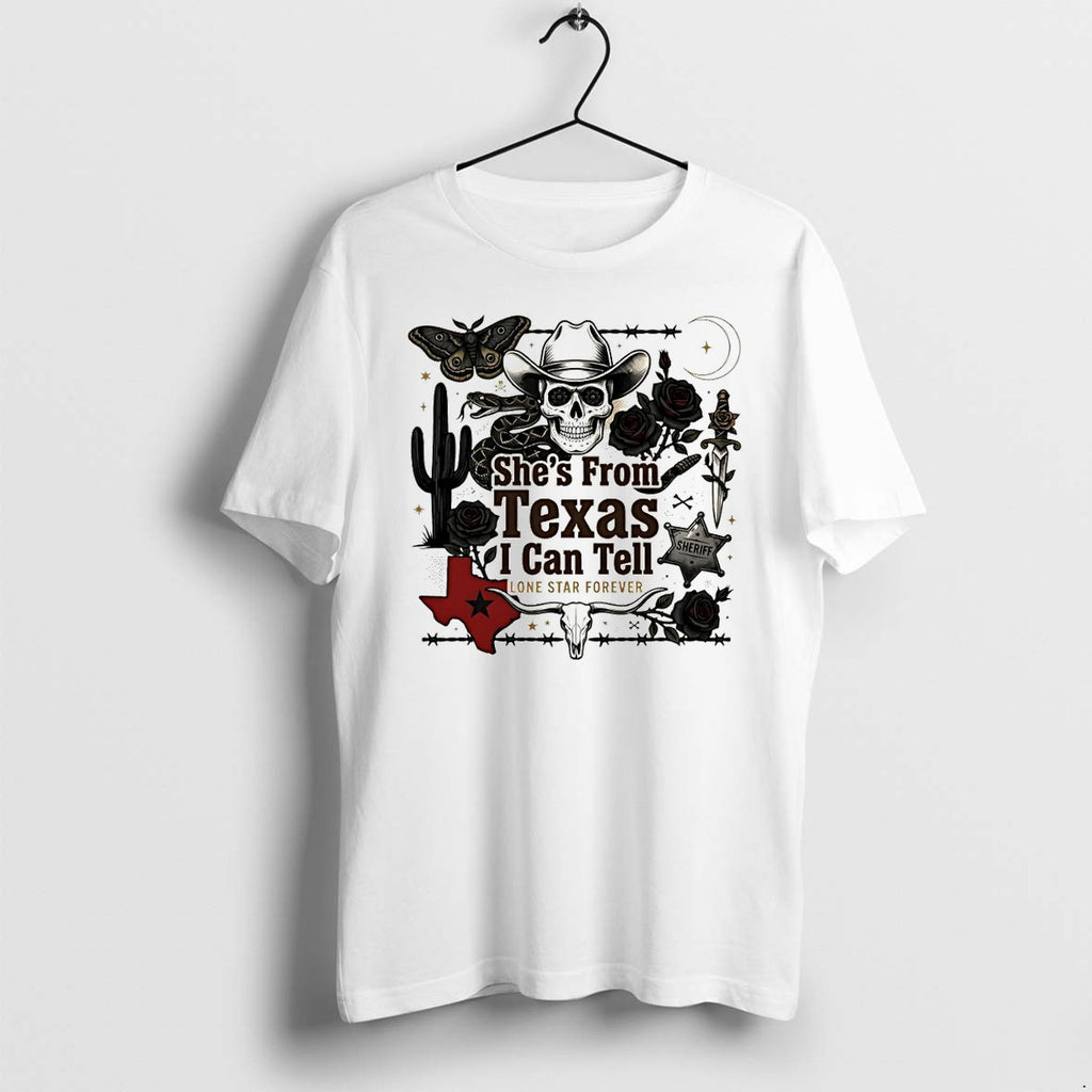 Original Cactus Snake Skull Cowboy Hat Texas Shes From Texas I Can Tell Text Tshirts