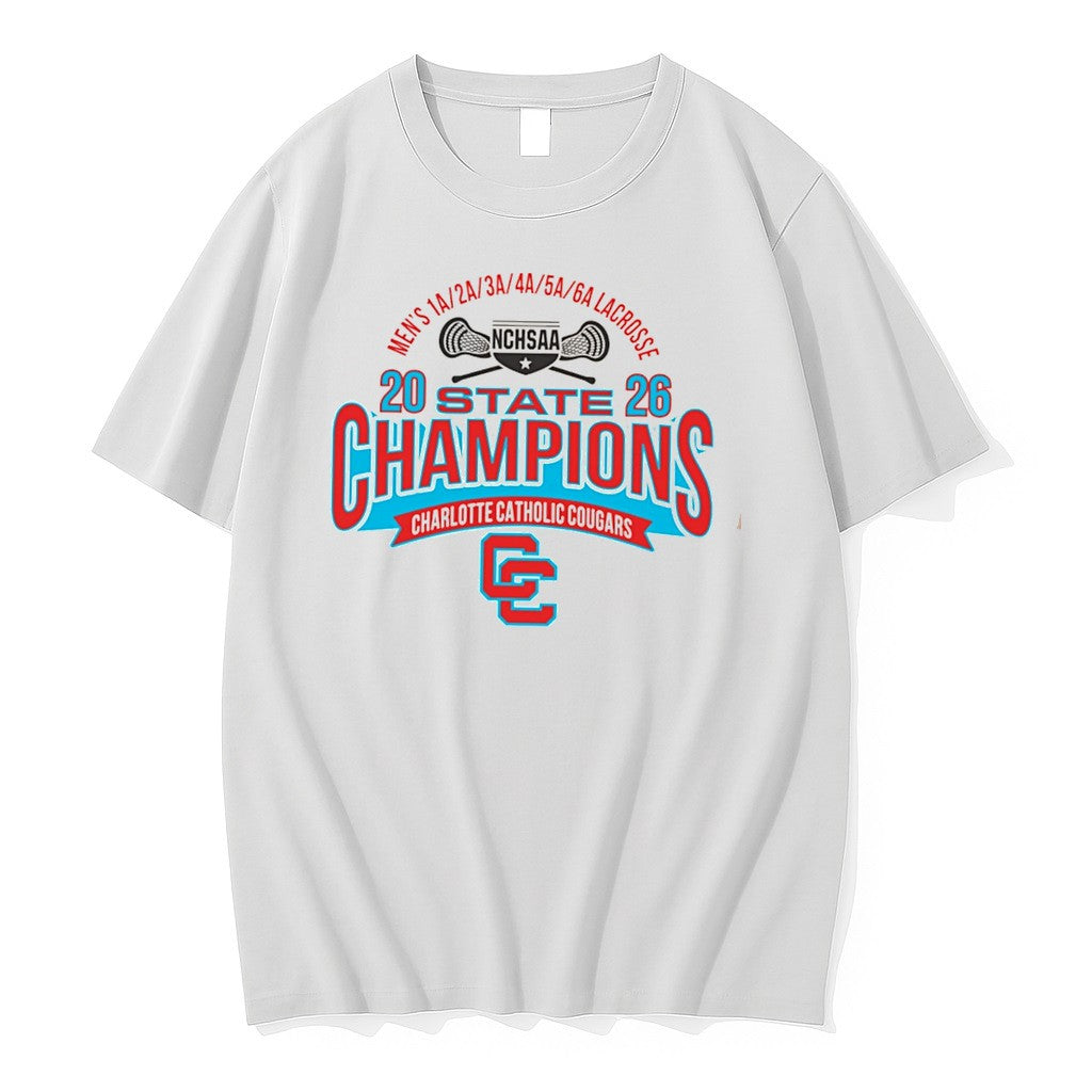 Original Charlotte Catholic Cougars 2026 Nchsaa Mens 1a To 6a Lacrosse Champions Tee Tshirts