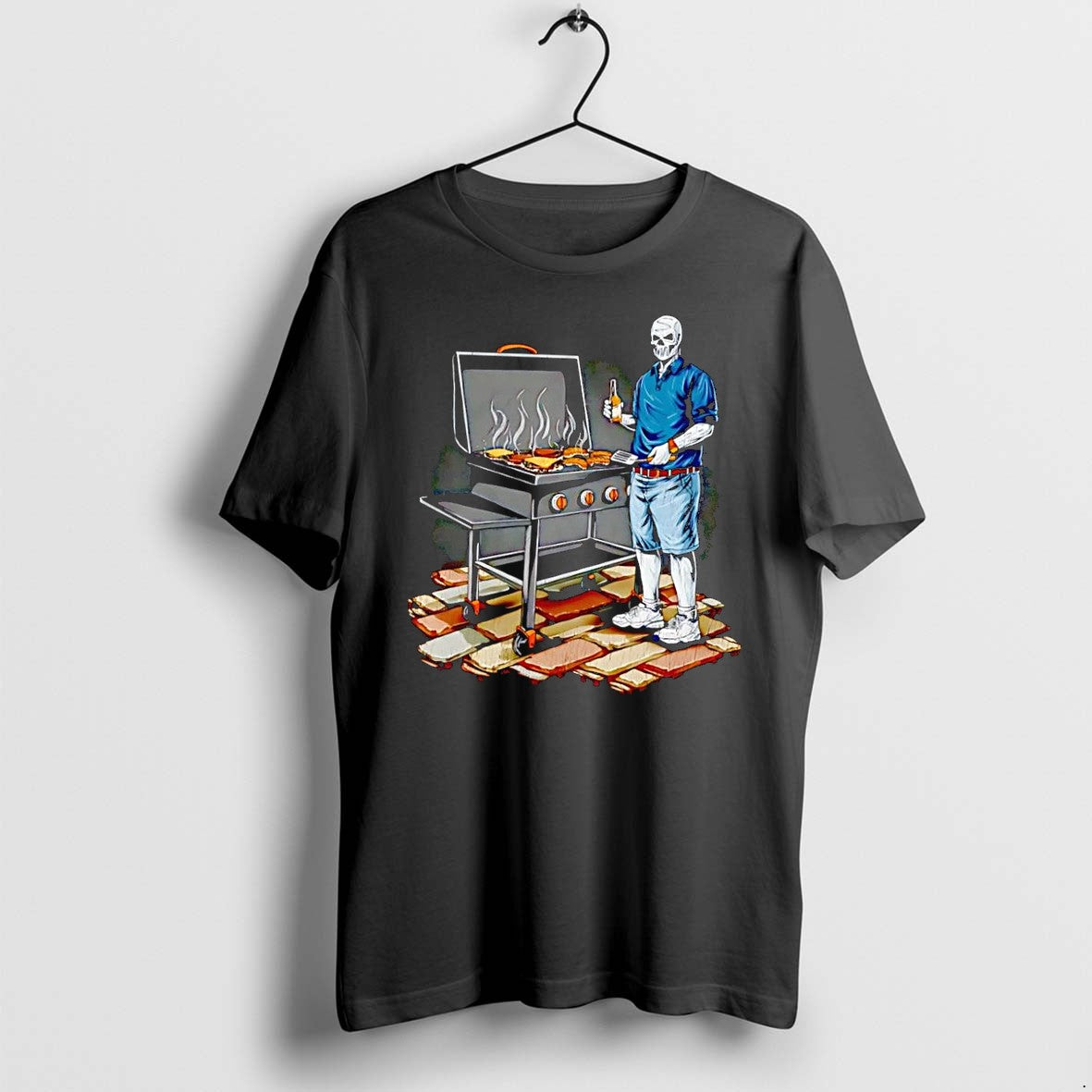Original Dadbbq Grilling Skeleton With Beer And Burgers Black Tshirts Jpg