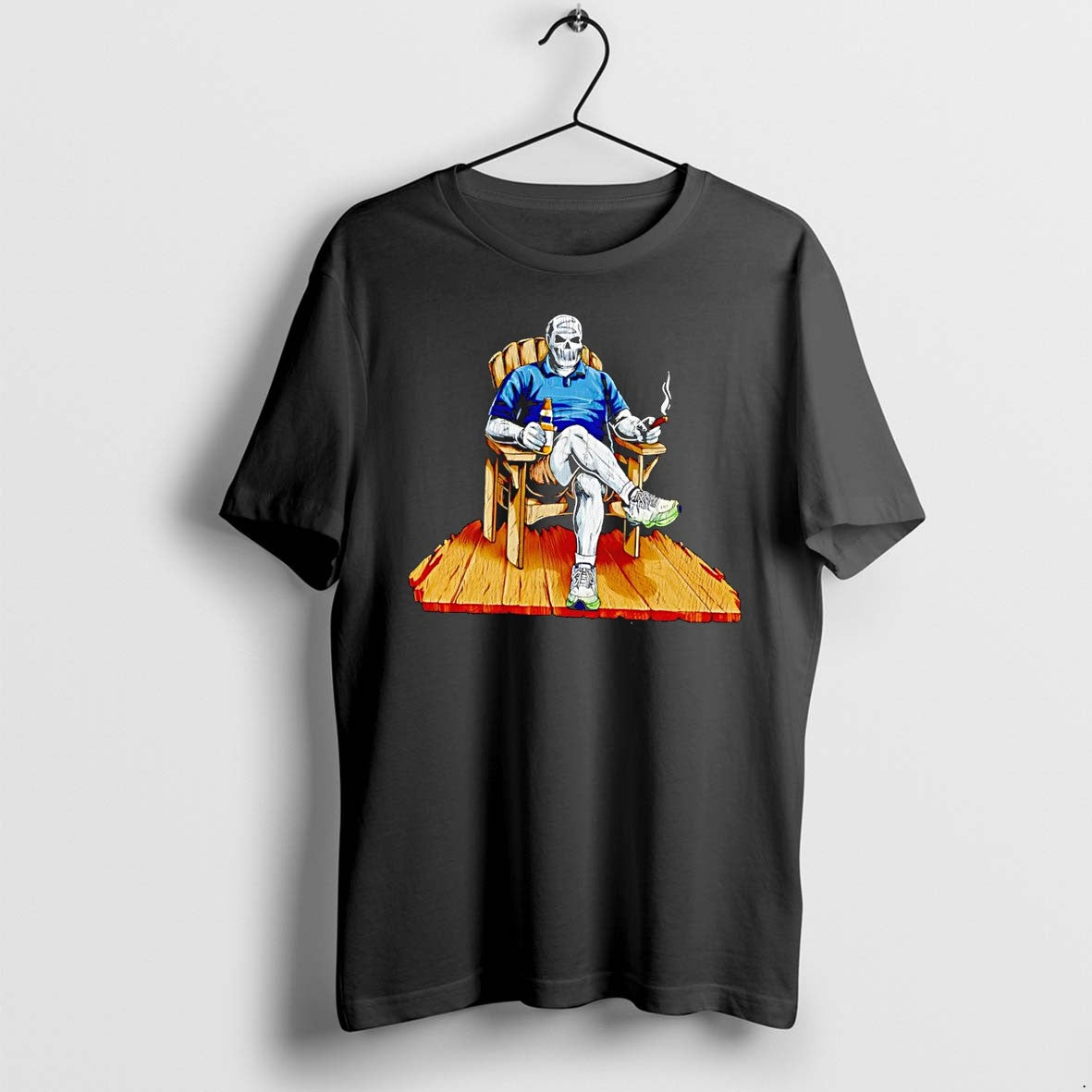 Original Darthbeards Skull Sitting In A Lawn Chair With Beer And Cigar Black Tshirts