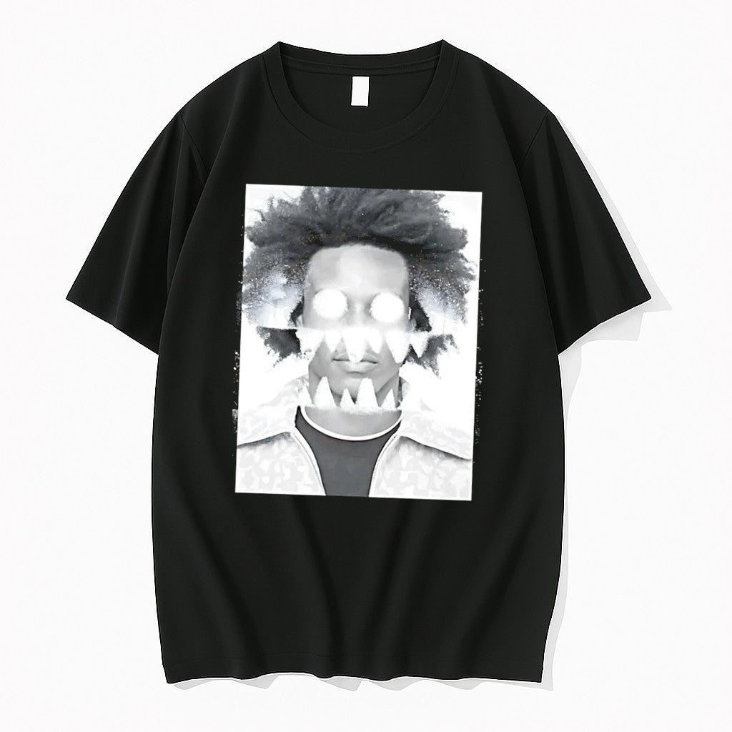 Original Distressed Graphic Portrait White Glowing Eyes Sharp Teeth Black Tshirts