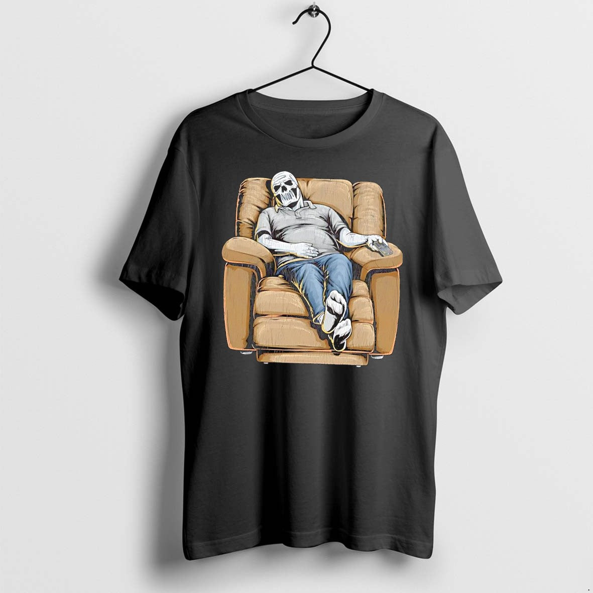 Original Dying To Relax Skeleton Resting In Recliner Black Tshirts Jpg