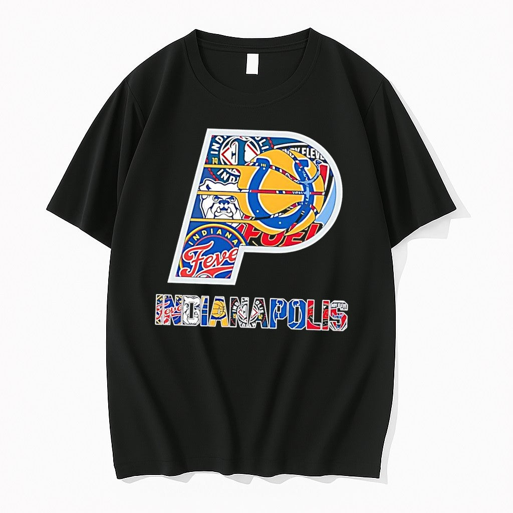 Original Indianapolis Sports Teams City Collage Logo Pacer Colts Fever Eleven Black Tshirts