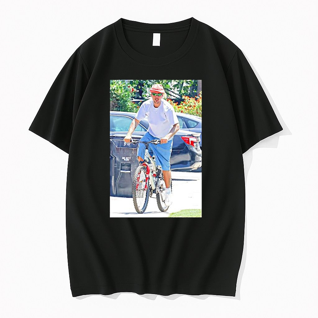 Original Justin Bieber Cycling Outdoors In Neighborhood Street On Sunny Day Photo Tshirts
