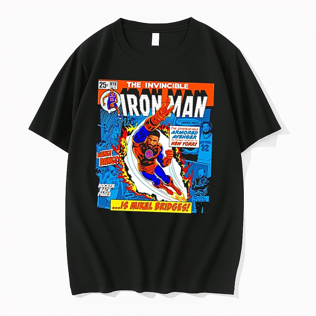 Original Knicks Fan Art Mikal Bridges The Invincible Iron Man Garden Party Black Tshirts