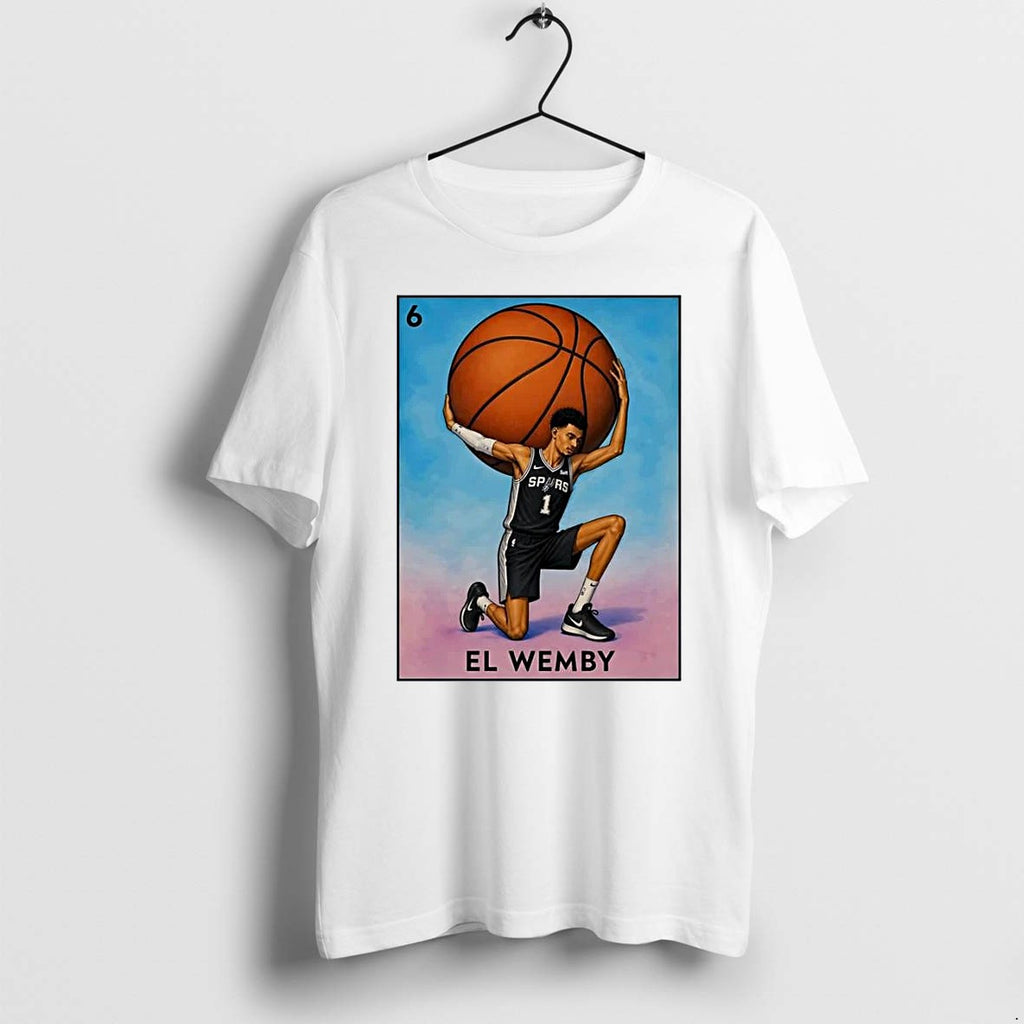 Original Loteria Style Victor Wembanyama Atlas Holding Basketball El Wemby Spurs White Tshirts