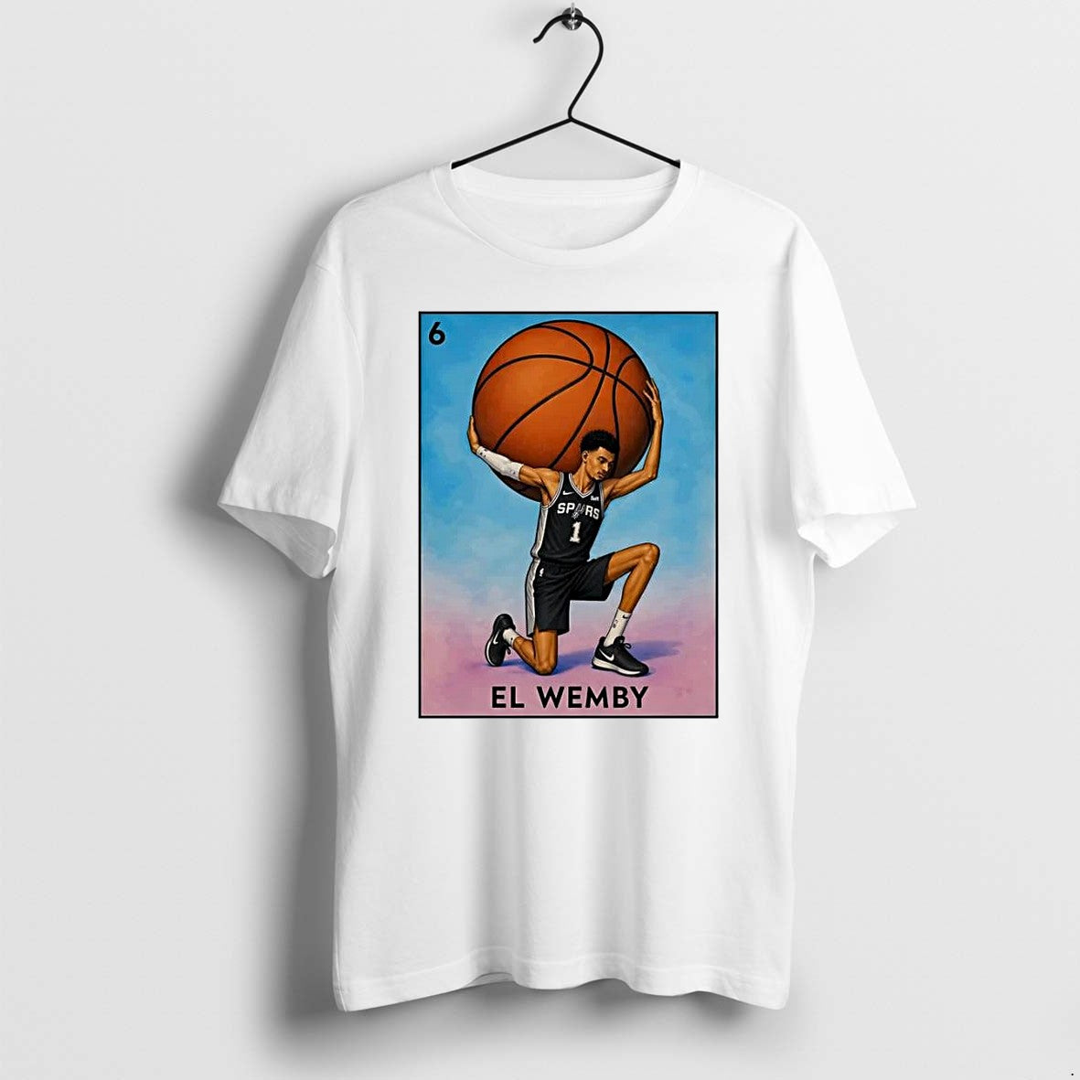 Original Loteria Style Victor Wembanyama Atlas Holding Basketball El Wemby Spurs White Tshirts