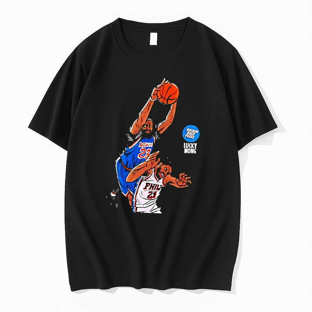 Original Lucky Mong Mitchell Robinson Dunking On Joel Embiid Knicks 76ers Black Tshirts
