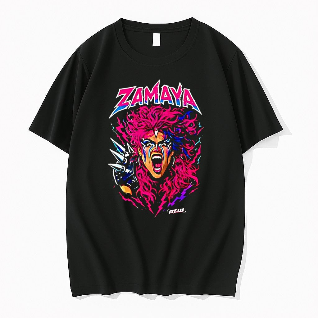 Original Mlw Zamaya Warrior Screaming Pink Hair Spiked Shoulder Pad Black Tshirts
