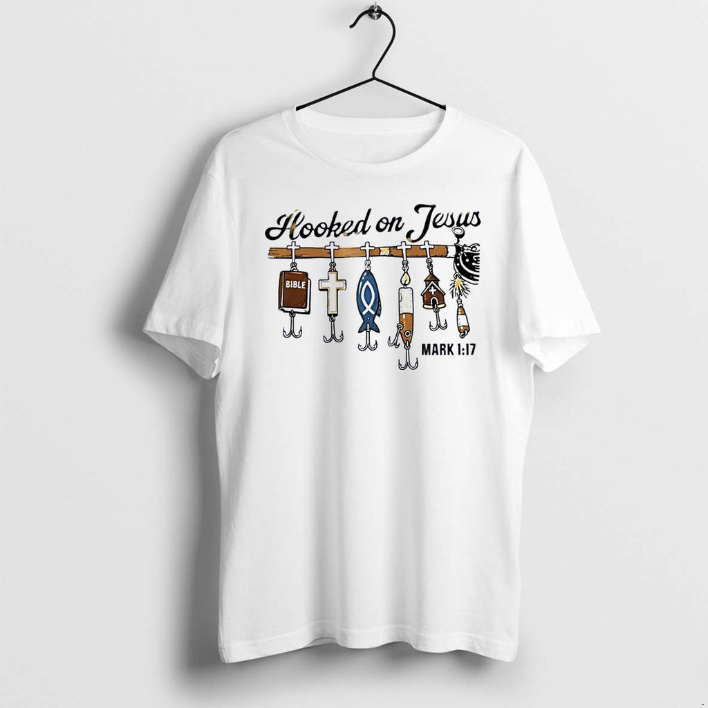 Original Mark 117 Hooked On Jesus Bible Cross Fish Candle Church White Tshirts