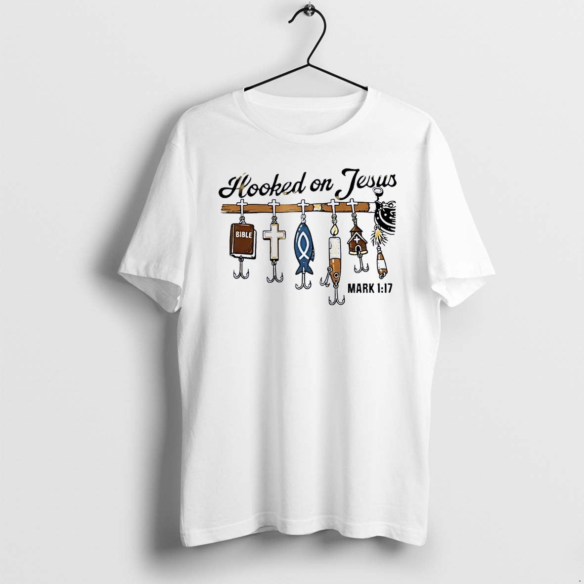 Original Mark 117 Hooked On Jesus Bible Cross Fish Candle Church White Tshirts
