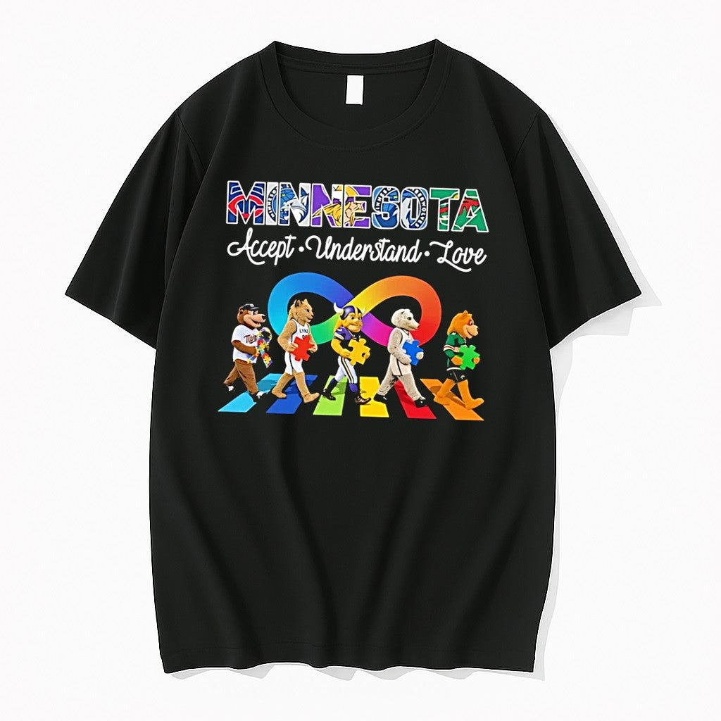 Original Minnesota Accept Understand Love Mascot Autism Awareness Black Tshirts