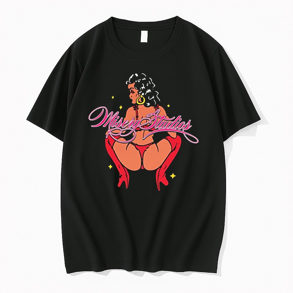 Original Misery Studios Woman Squatting Graphic Black Tshirts Jpg