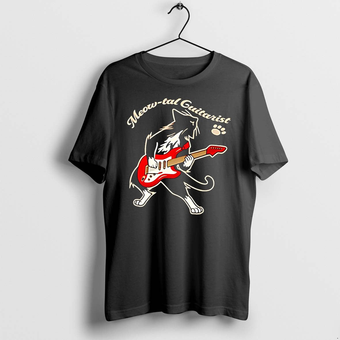 Original Paw Print Meow Tal Guitarist Playing Electric Guitar Black Tshirts Jpg