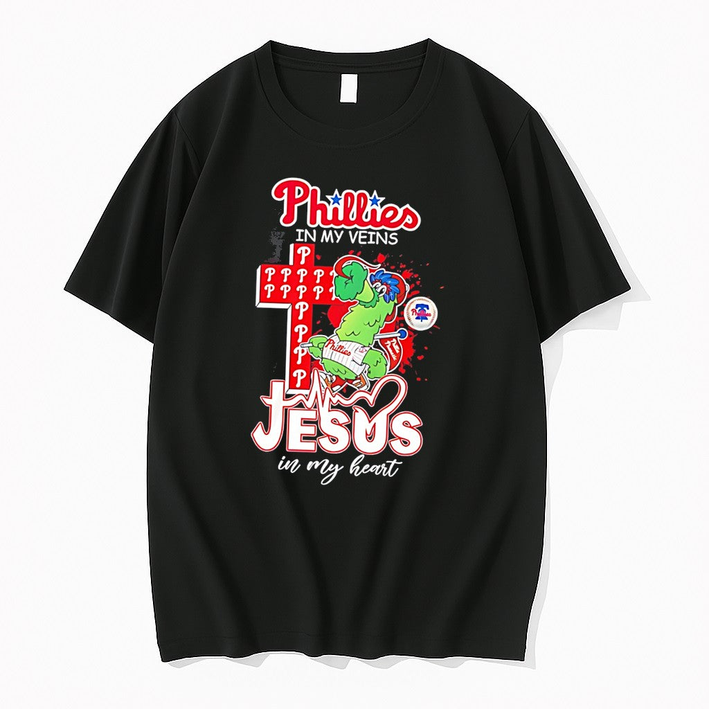 Original Philadelphia Phillies Jesus In My Heart Phillie Phanatic Mascot Cross Tee Tshirts
