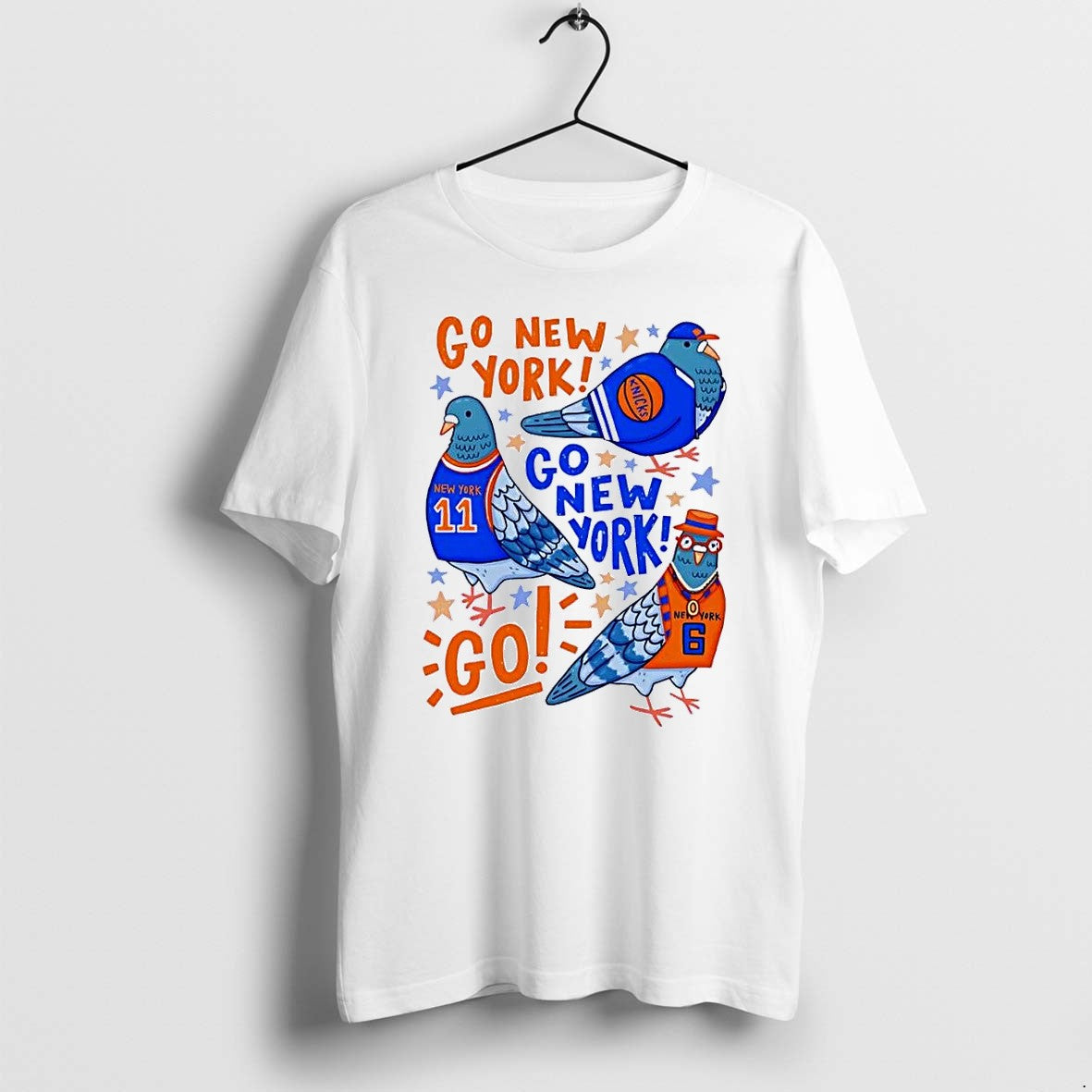 Original Pigeons Wearing Jerseys Cheering Go New York Knicks White Tshirts Jpg