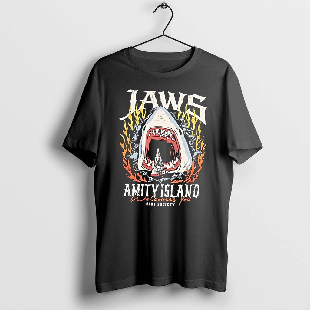 Original Riot Society Jaws Amity Island Welcomes You Shark Eating Boat Black Tshirts