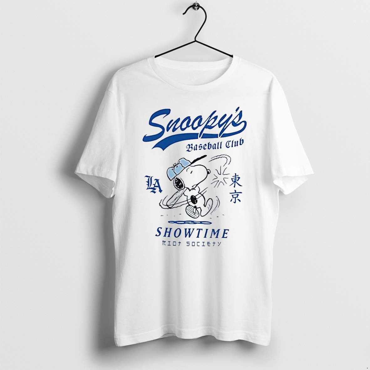 Original Riot Society Snoopy Swings A Baseball Bat La Tokyo Showtime White Tshirts