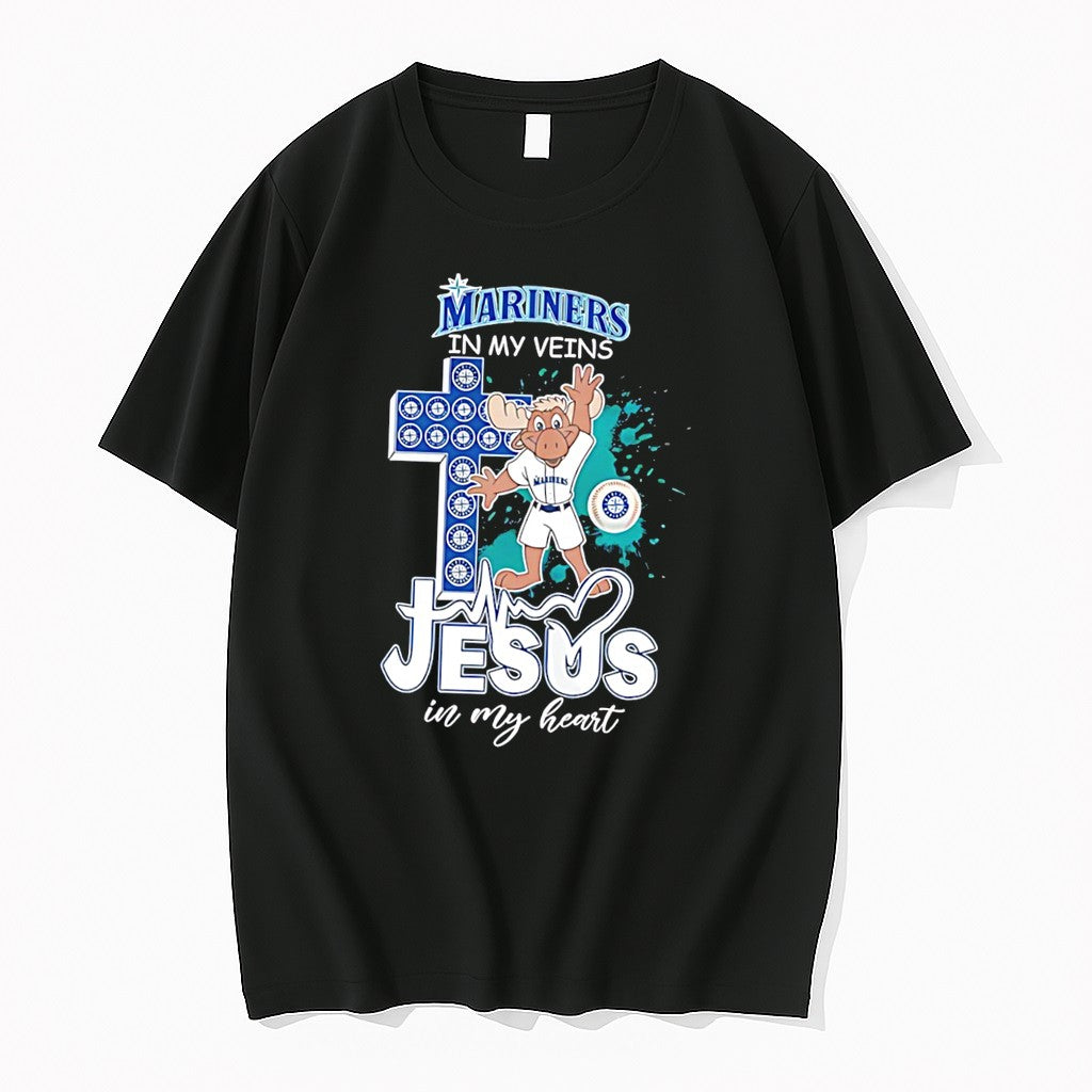 Original Seattle Mariners Mascot Mariners In My Veins Cross Jesus In My Heart Tee Tshirts