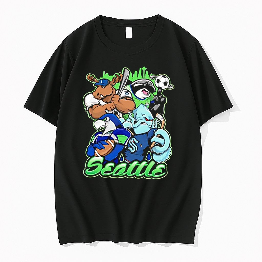 Original Seattle Mascot Collage Baseball Soccer Football Hockey Action Black Tshirts