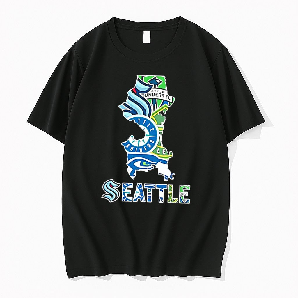 Original Seattle Sports Icons Of Sounders Mariners Kraken Seahawks Apparel Black Tshirts