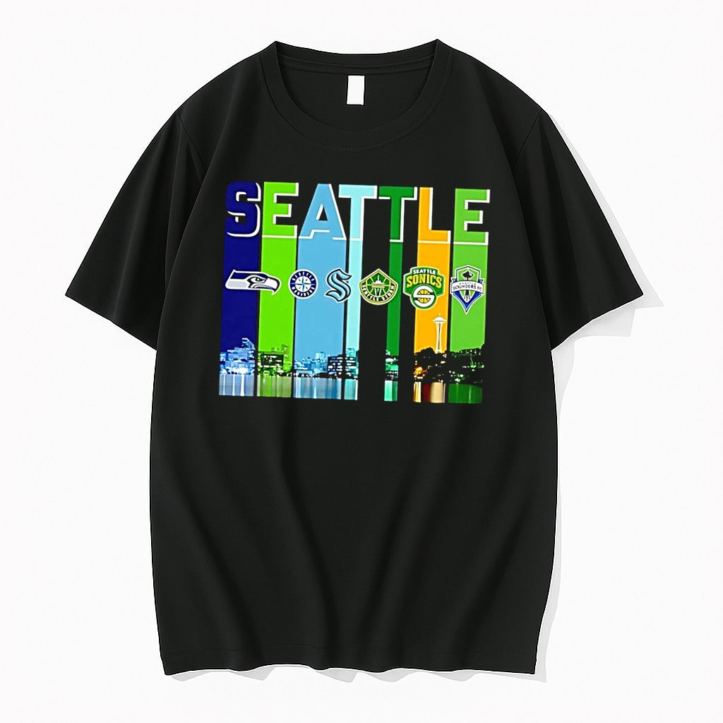 Original Seattle Sports Teams Skyline Logo Mens Black Tshirts Jpg