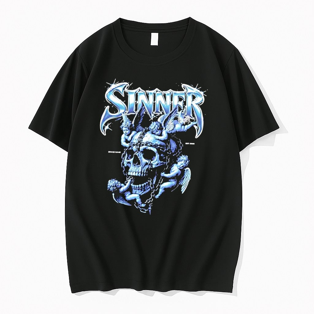 Original Sinner Chrome Lettering Skull And Angels Black Tshirts Jpg