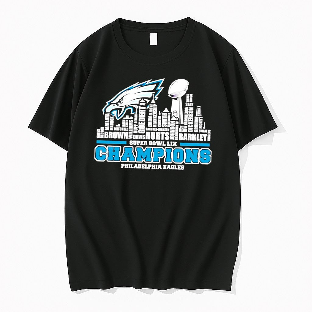 Original Skyline Super Bowl Lix Champions Philadelphia Eagles Names Black Tshirts