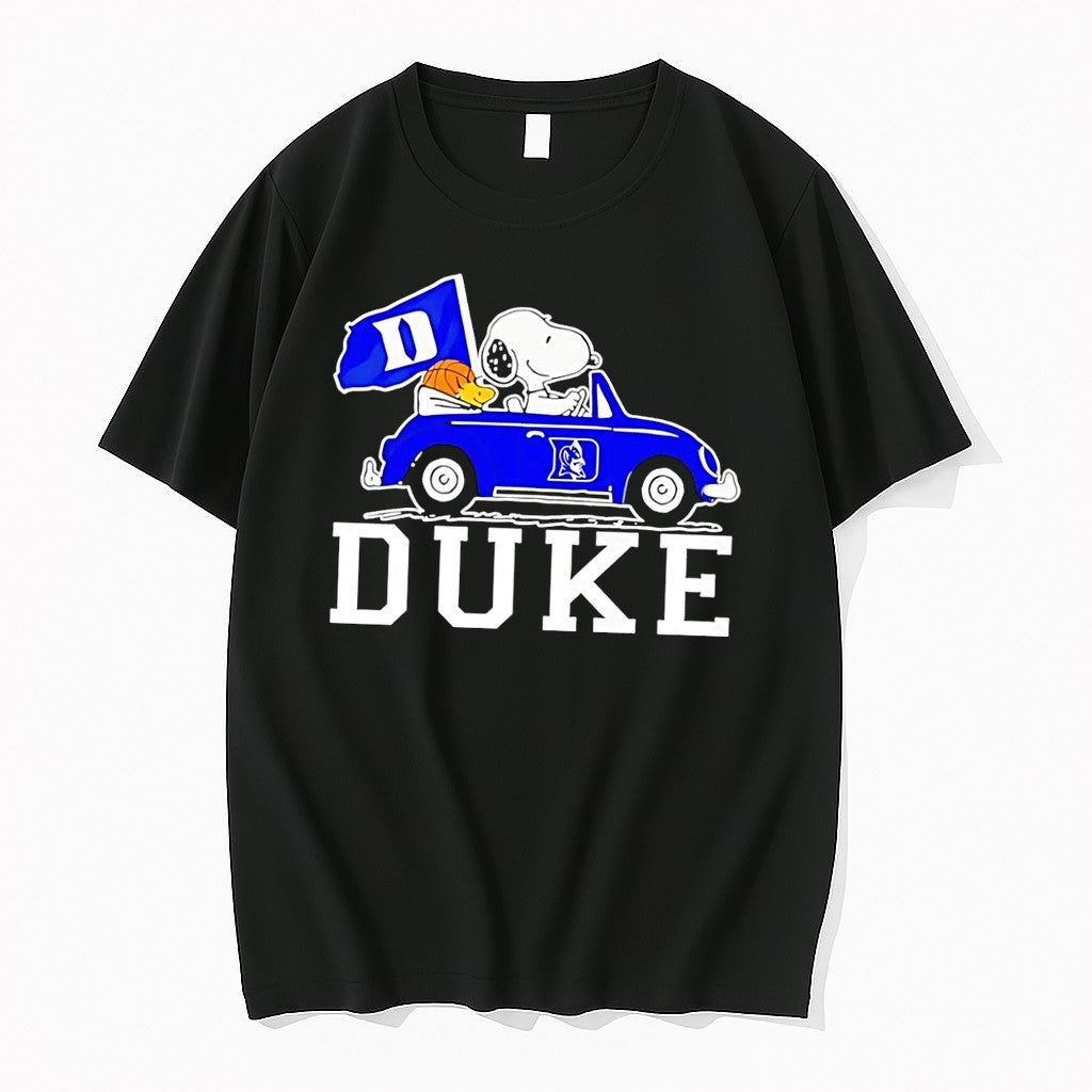 Original Snoopy And Woodstock Driving Duke Blue Devils Basketball Black Tshirts