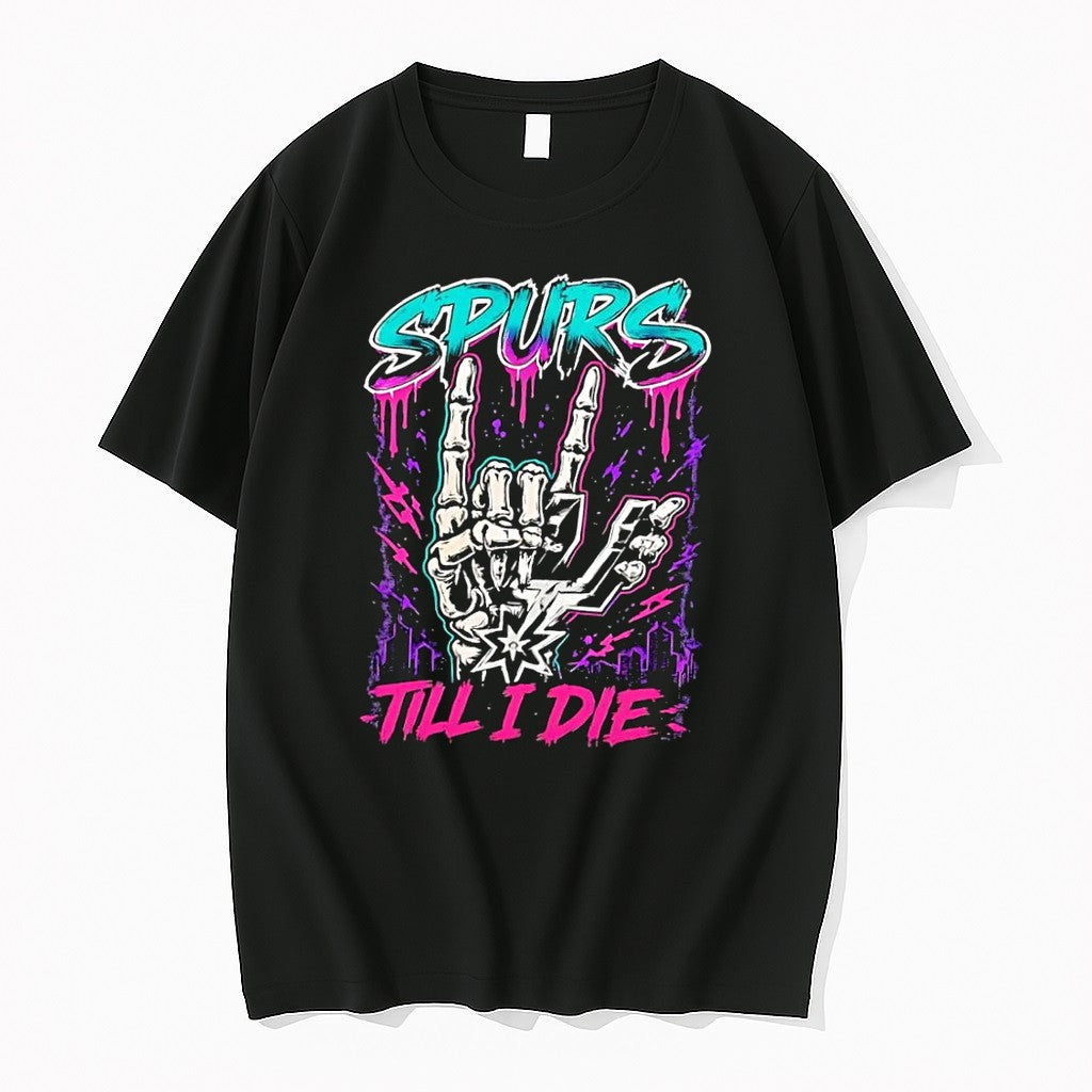 Original Spurs Till I Die Skeleton Hand Rock On Sign San Antonio Basketball Black Tshirts