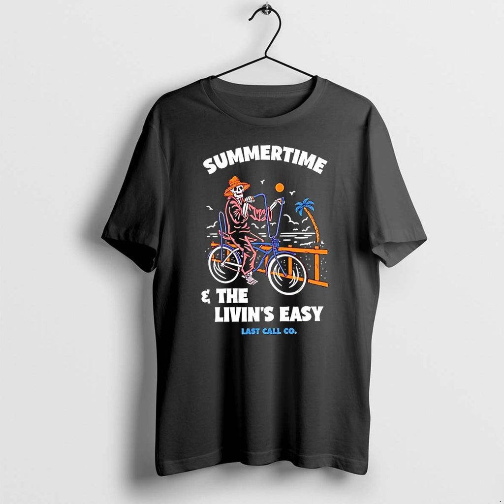 Original Summertime And The Livins Is Easy Last Call Co Skeleton Riding Cruiser Bike Tshirts
