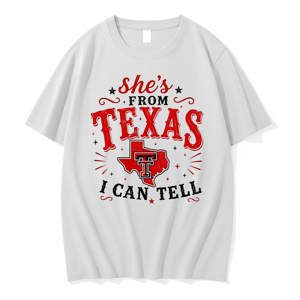Original Texas Tech Red Raiders Fan Clothing Shes From Texas I Can Tell Text Tshirts