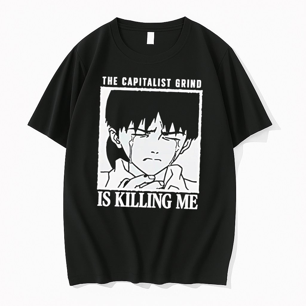 Original The Capitalist Grind Is Killing Me Shinji Ikari Crying Anime Black Tshirts