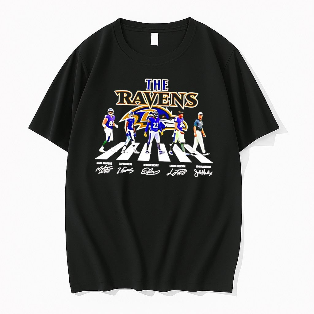 Original The Ravens Abbey Road Mark Andrews Zay Flowers Derrick Henry Signatures Black Tshirts