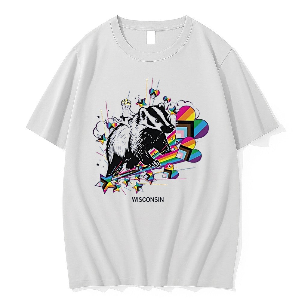 Original Wisconsin Cat Wearing A Cheese Hat Riding A Badger Pride Rainbow Stars White Tshirts