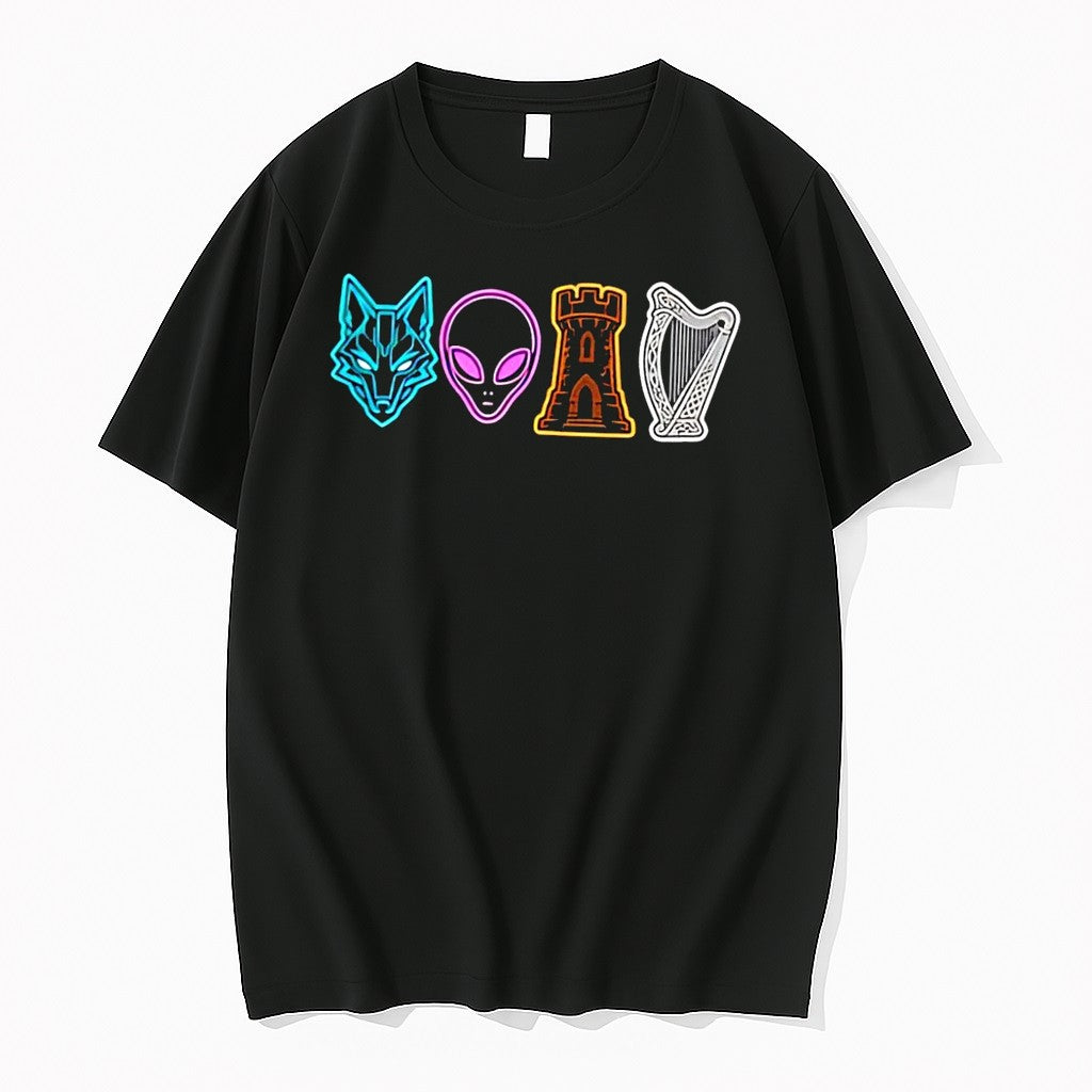 Original Wolf Alien Castle And Harp Icons Graphic Black Tshirts Jpg