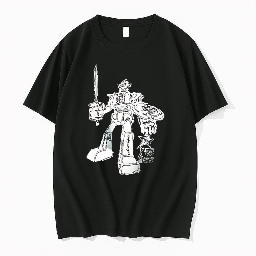 Original Yes Eye See Robot Holding Sword And Shield With Star Logo Black Tshirts