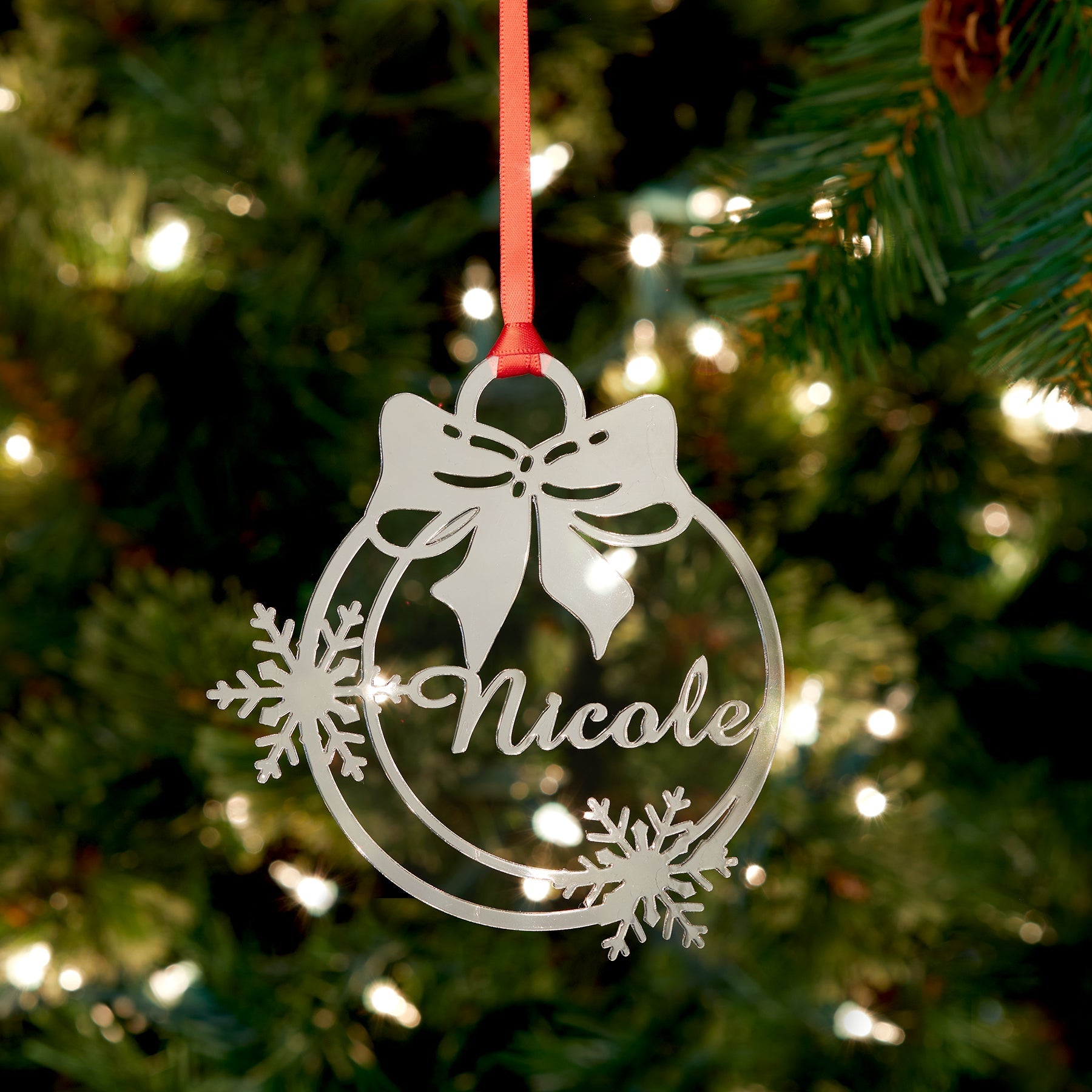 Stainless Steel Snowflake Bow Ornament with Name