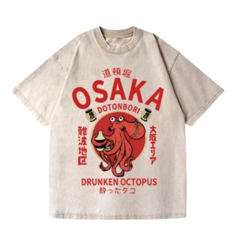 Osaka Dotonbori Drunken Octopus Vintage Wash Japanese Design T-Shirt Womenswear Streetwear Summer Hoodie, Sweatshirt