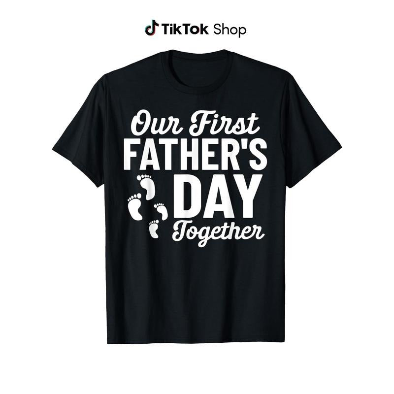 "Our First Father's Day Together" Matching T-Shirts - Black with White Footprint Design, Round Neck Casual Comfort Fit, Sizes  for Men & Women, Machine Washable Summer Family Celebration Tees, Fathers Day Gift