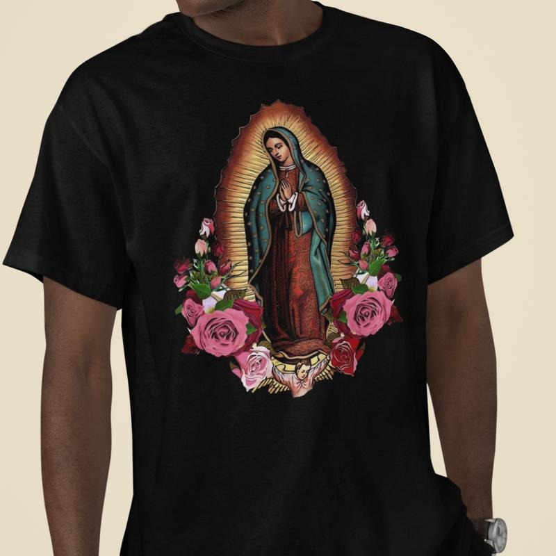 Our Lady Guadalupe Marian Catholic Short Sleeve Virgin Mary Heavyweight Fit Floral Elements Casual & Streetwear T-Shirts, Hoodie, Sweatshirt