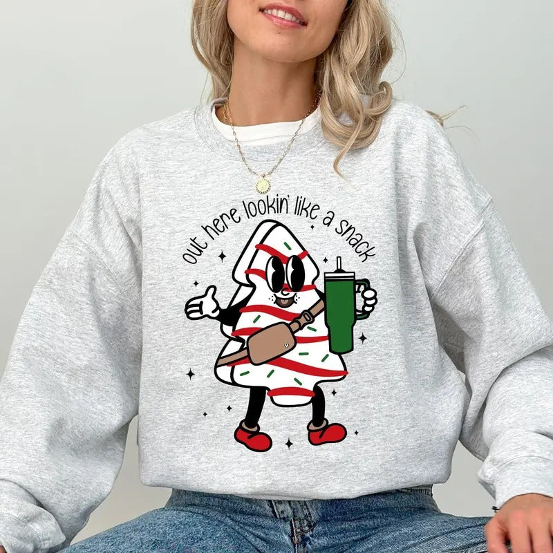 Out Here Looking Like A Snack, Christmas Cake, Funny, Cute, Santa, Xmas Sweatshirt, Women's Crew Neck, Crewneck Shirt Hoodie