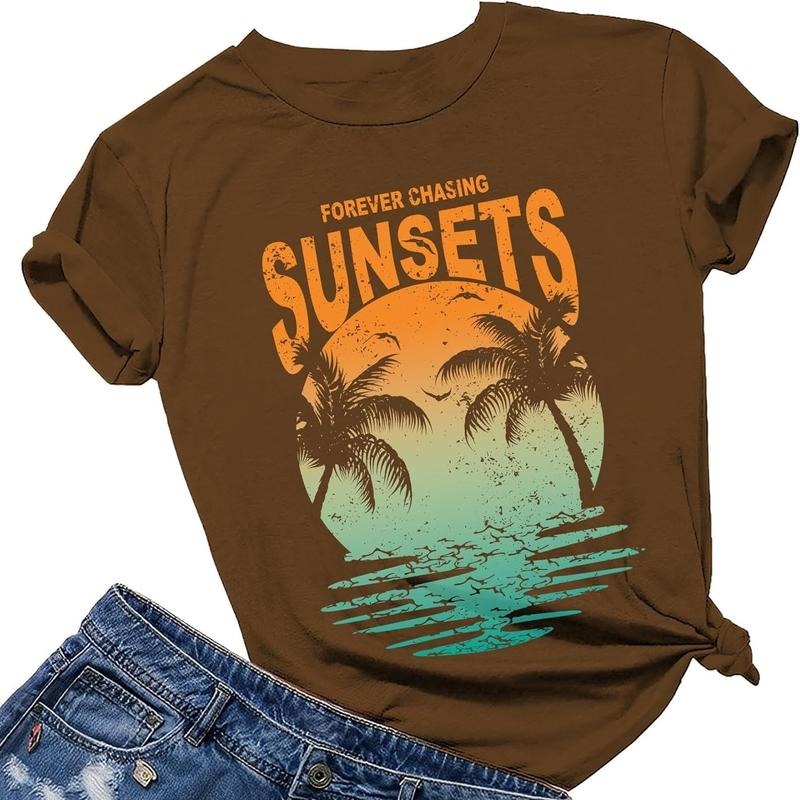 Oversized Sunset Graphic Tees for Women Forever Chasing Sunset Graphic Tees Summer Casual Hawaiian Shirts for Women...